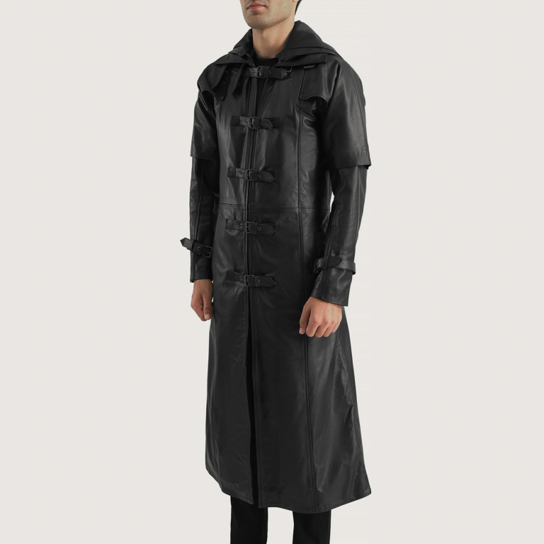 Mens Huntsman Black Hooded Leather Trench Coat Side Pose-3-1700481464607
